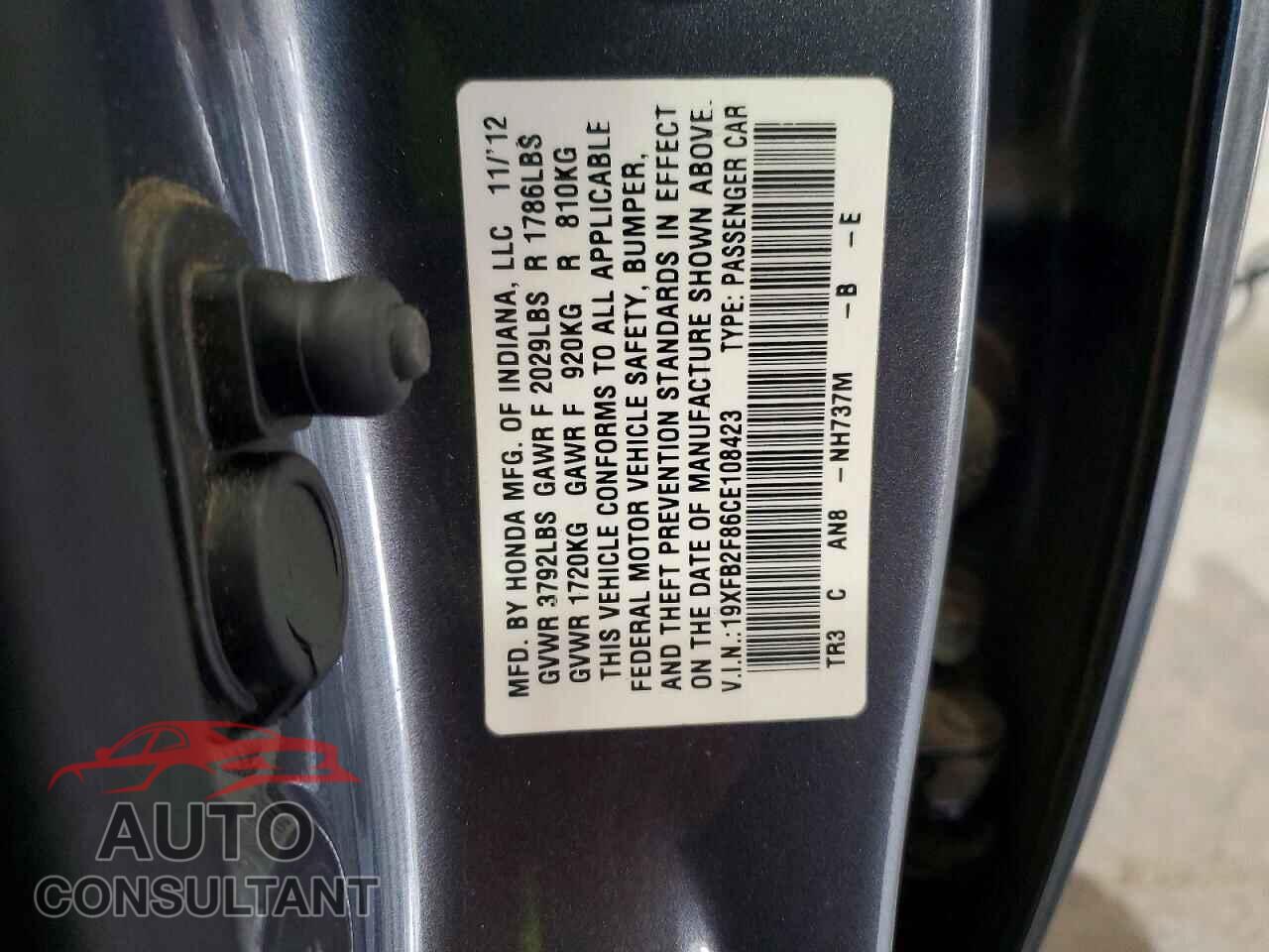 HONDA CIVIC 2012 - 19XFB2F86CE108423