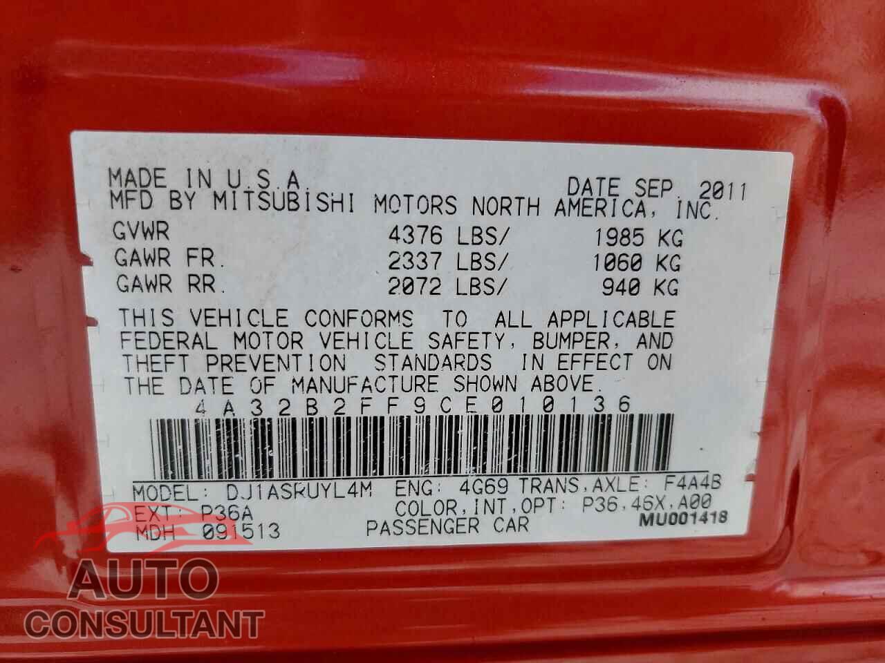 MITSUBISHI GALANT 2012 - 4A32B2FF9CE010136