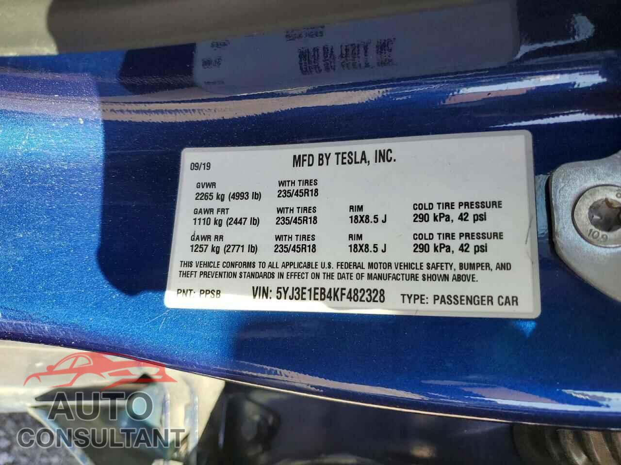 TESLA MODEL 3 2019 - 5YJ3E1EB4KF482328