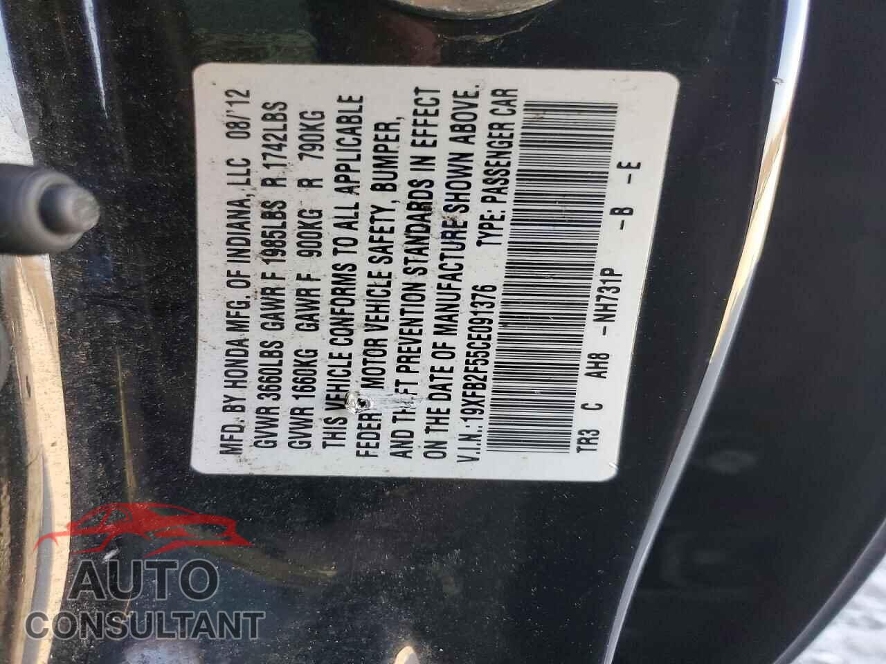 HONDA CIVIC 2012 - 19XFB2F55CE091376