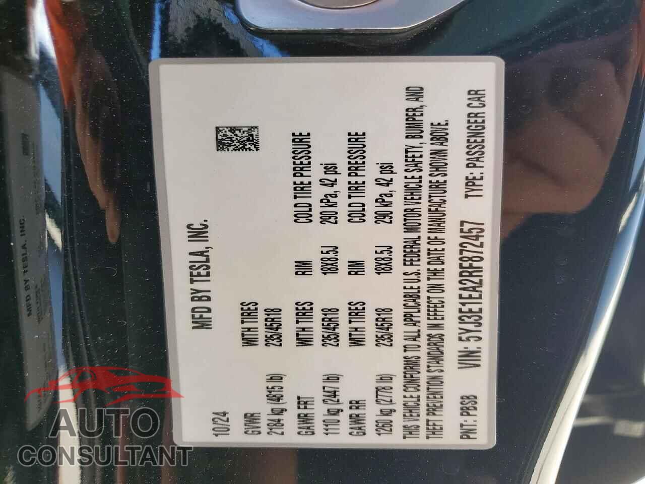 TESLA MODEL 3 2024 - 5YJ3E1EA2RF872457