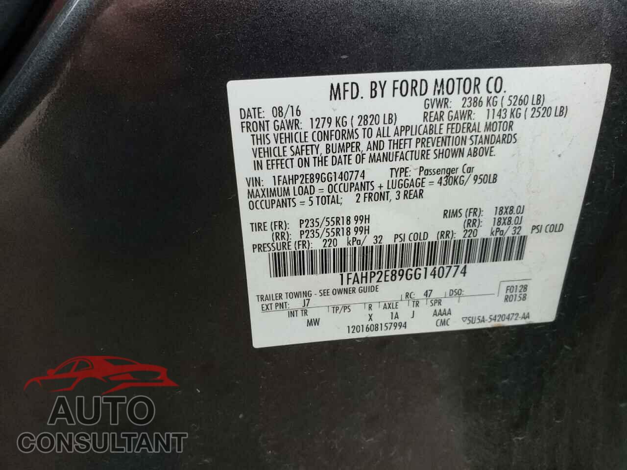 FORD TAURUS 2016 - 1FAHP2E89GG140774