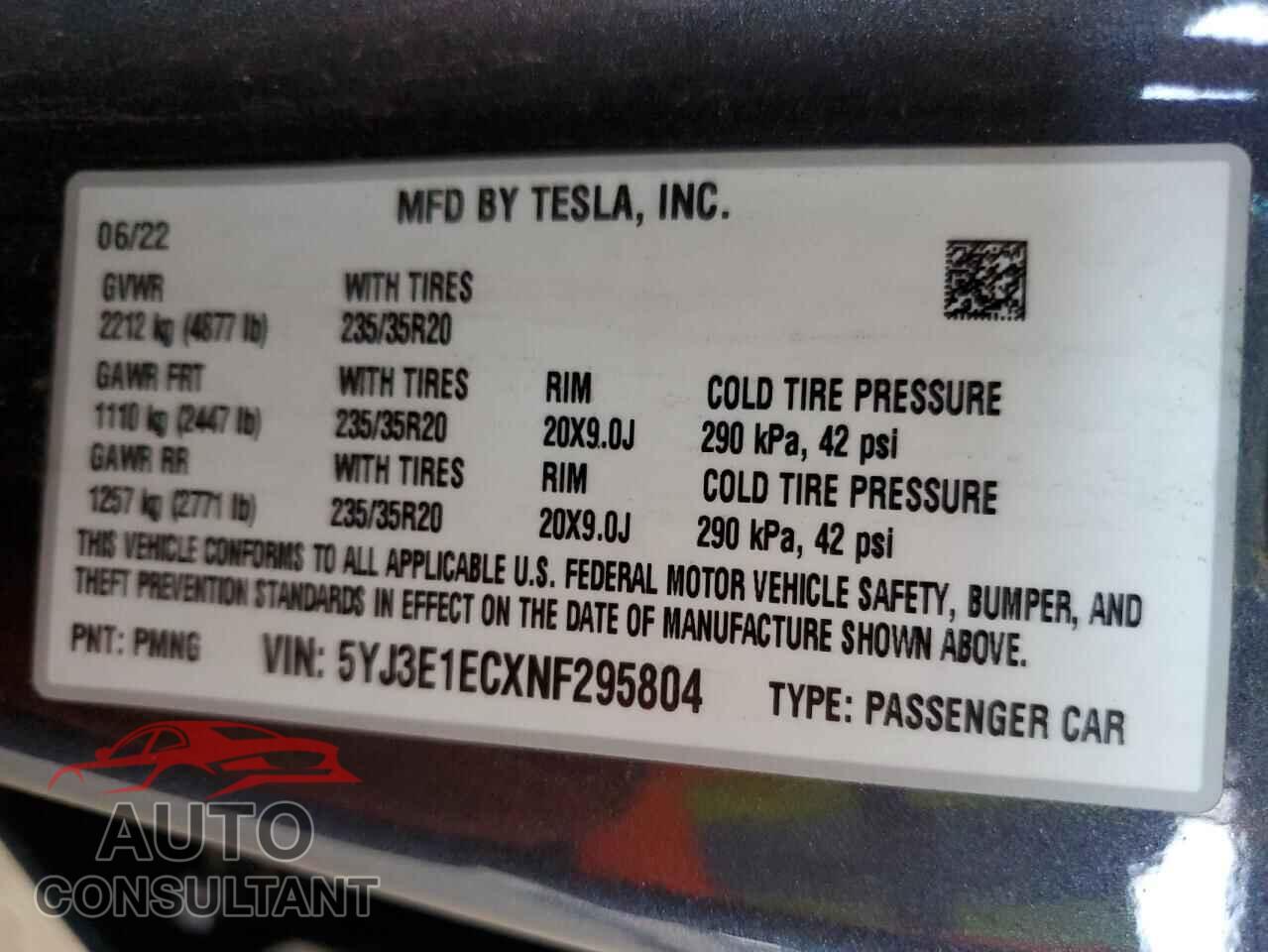 TESLA MODEL 3 2022 - 5YJ3E1ECXNF295804