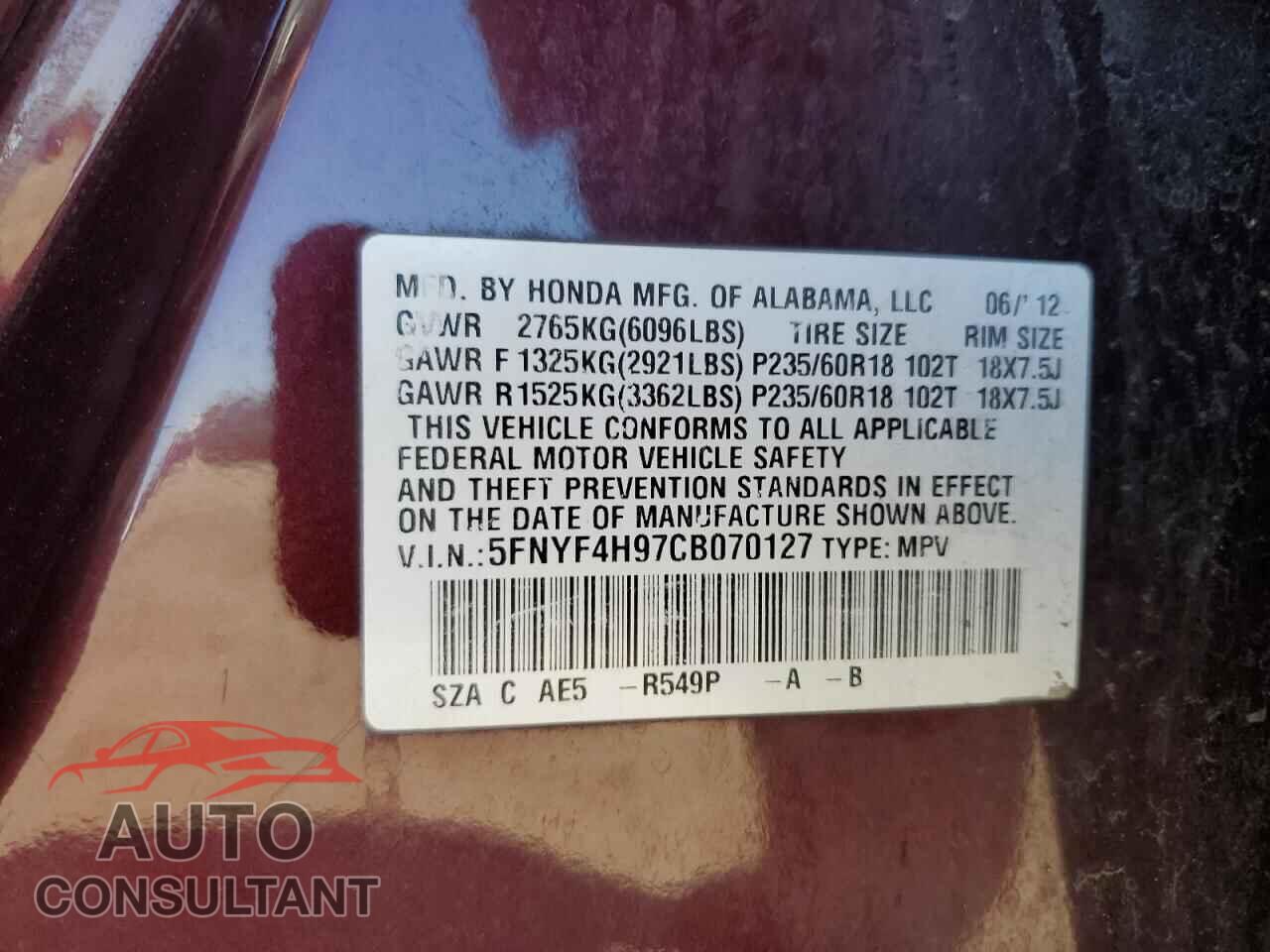 HONDA PILOT 2012 - 5FNYF4H97CB070127