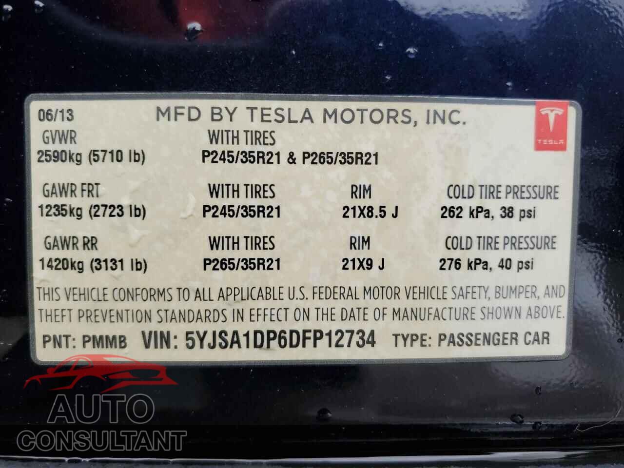 TESLA MODEL S 2013 - 5YJSA1DP6DFP12734