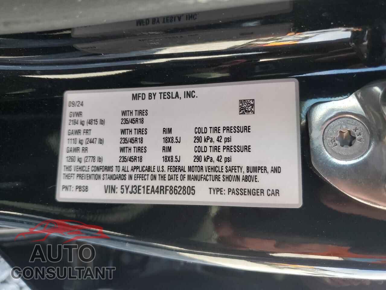 TESLA MODEL 3 2024 - 5YJ3E1EA4RF862805