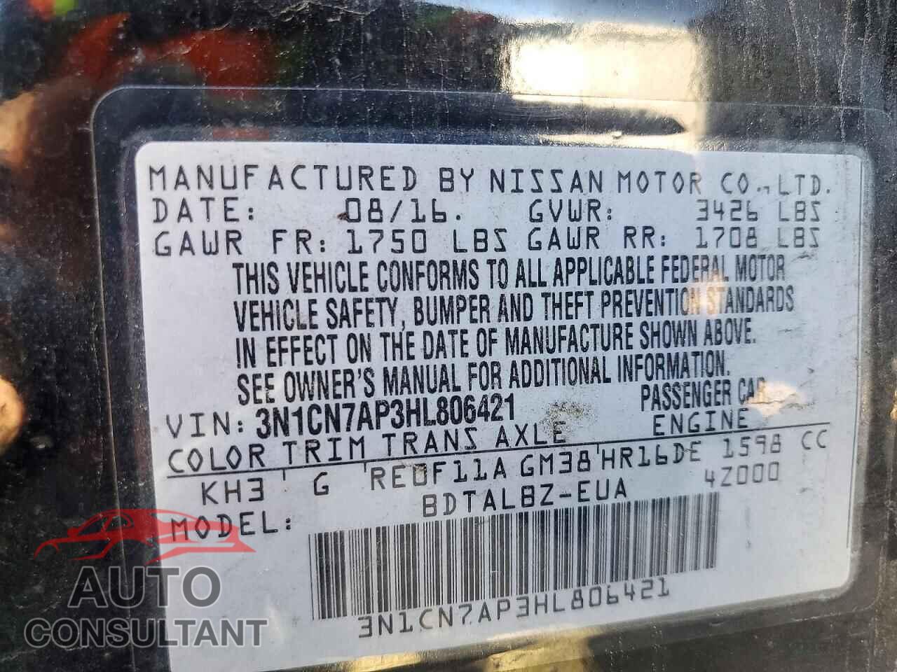 NISSAN VERSA 2017 - 3N1CN7AP3HL806421