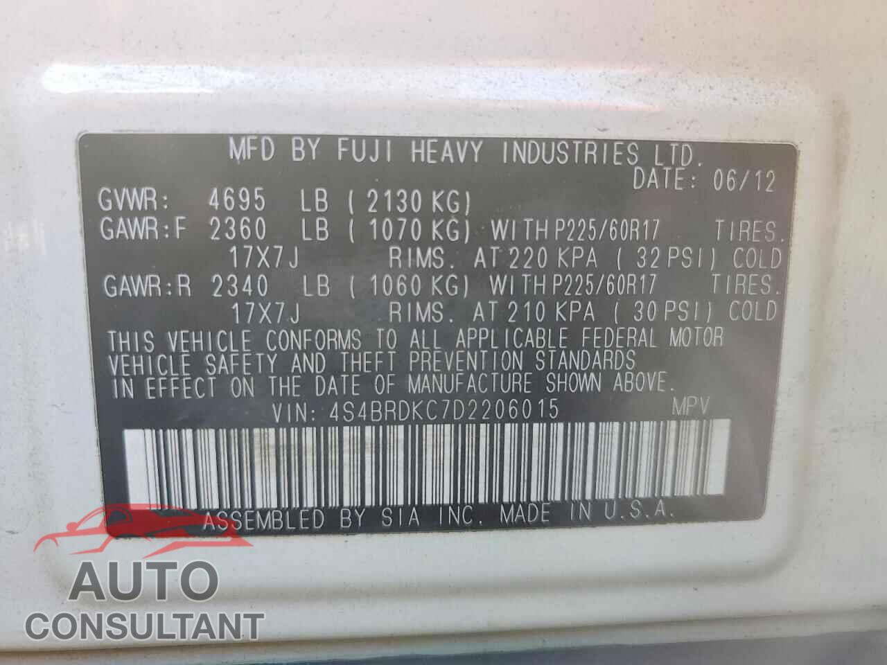 SUBARU OUTBACK 2013 - 4S4BRDKC7D2206015