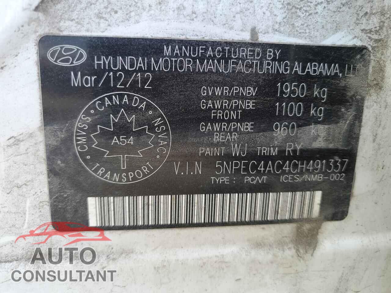 HYUNDAI SONATA 2012 - 5NPEC4AC4CH491337
