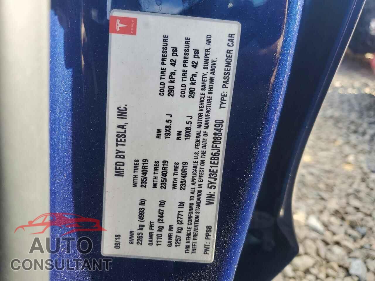 TESLA MODEL 3 2018 - 5YJ3E1EB6JF088490