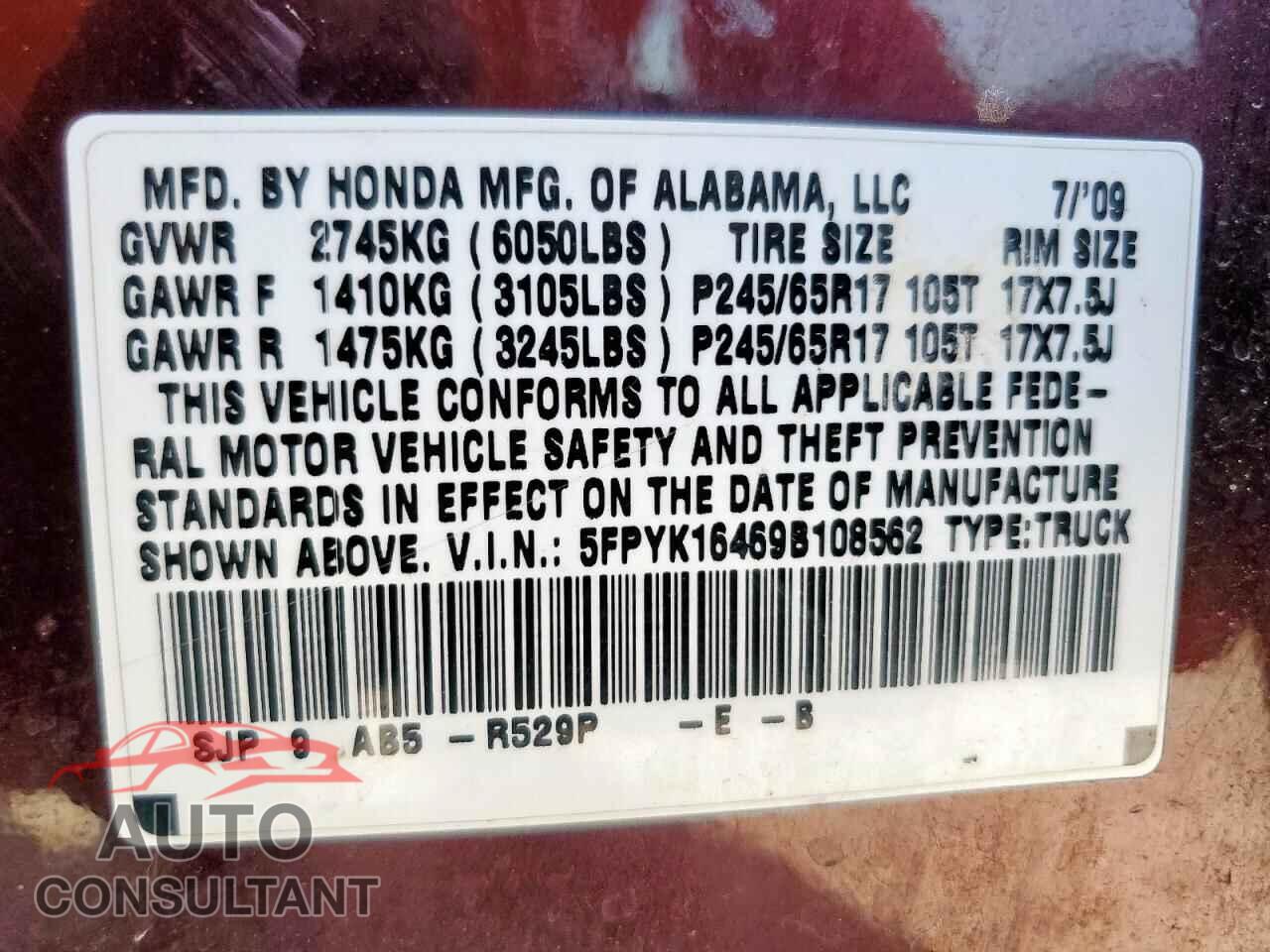 HONDA RIDGELINE 2009 - 5FPYK16469B108562