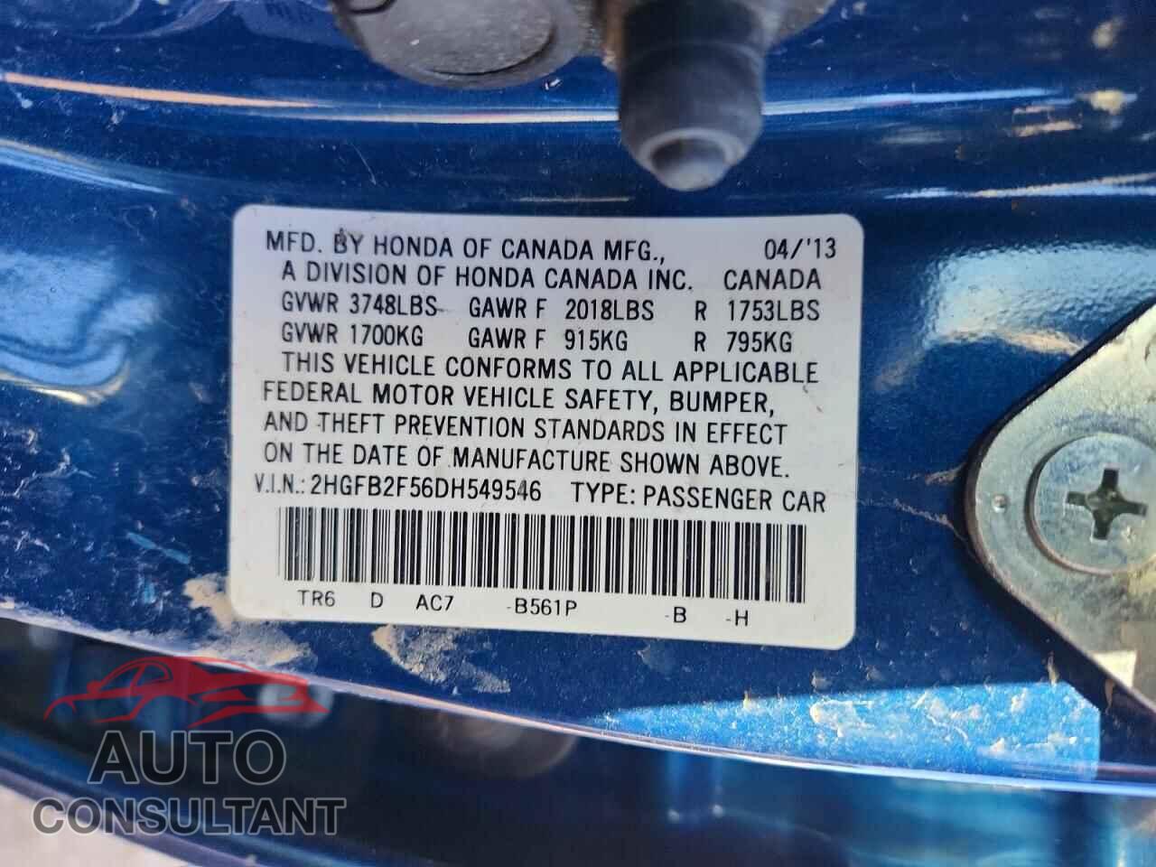 HONDA CIVIC 2013 - 2HGFB2F56DH549546