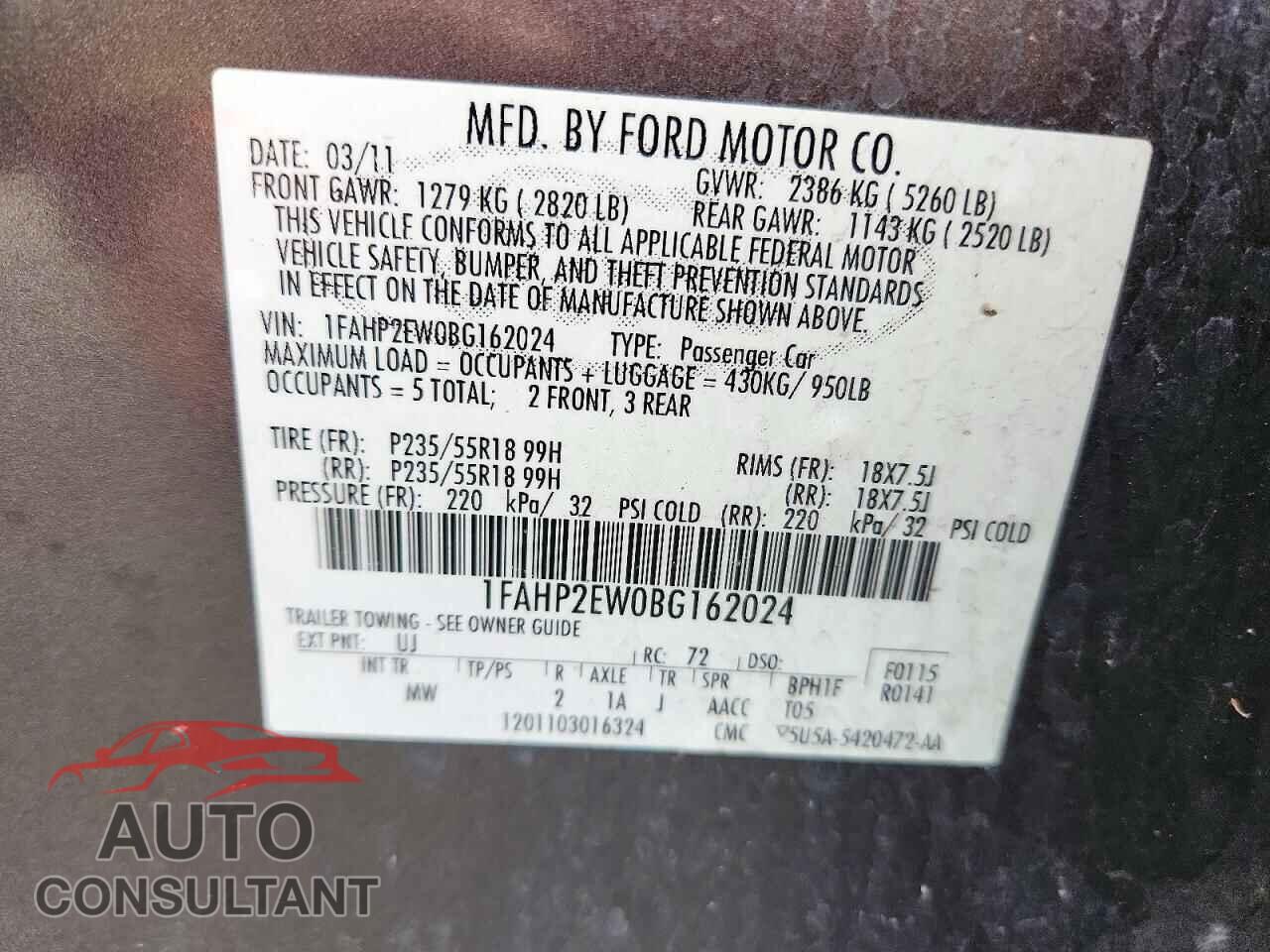 FORD TAURUS 2011 - 1FAHP2EW0BG162024