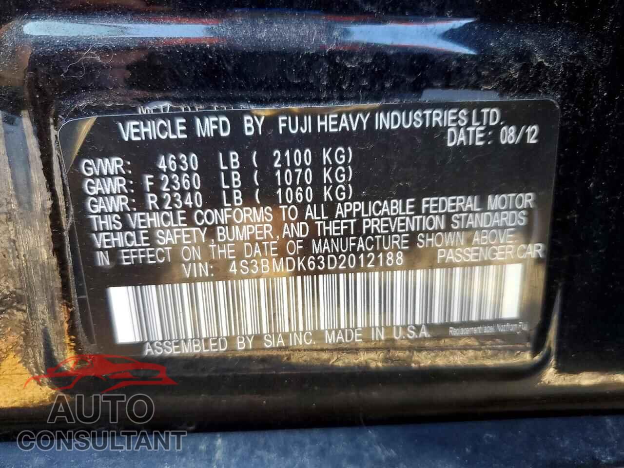 SUBARU LEGACY 2013 - 4S3BMDK63D2012188