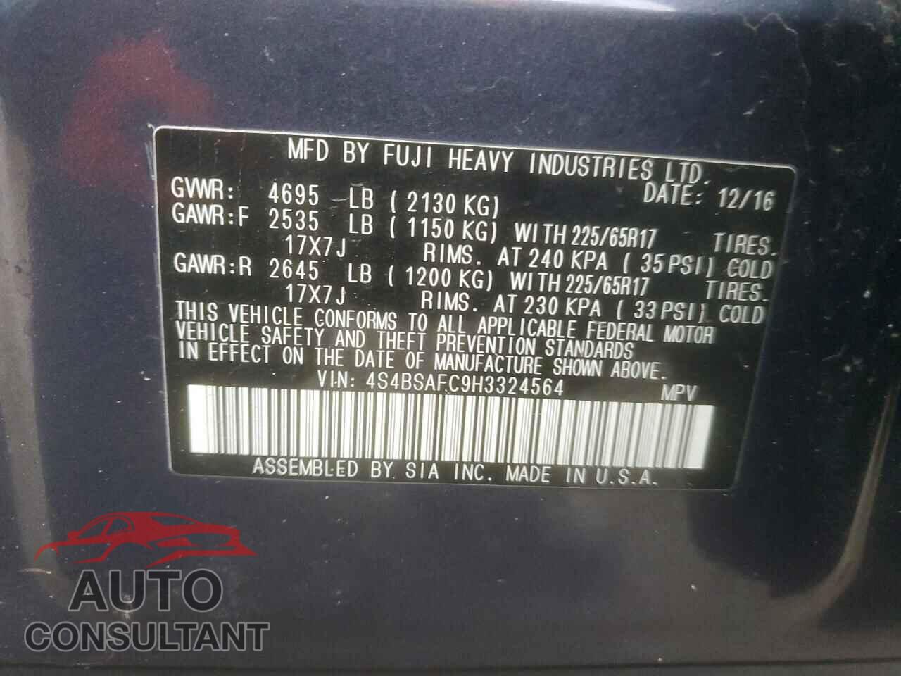 SUBARU OUTBACK 2017 - 4S4BSAFC9H3324564