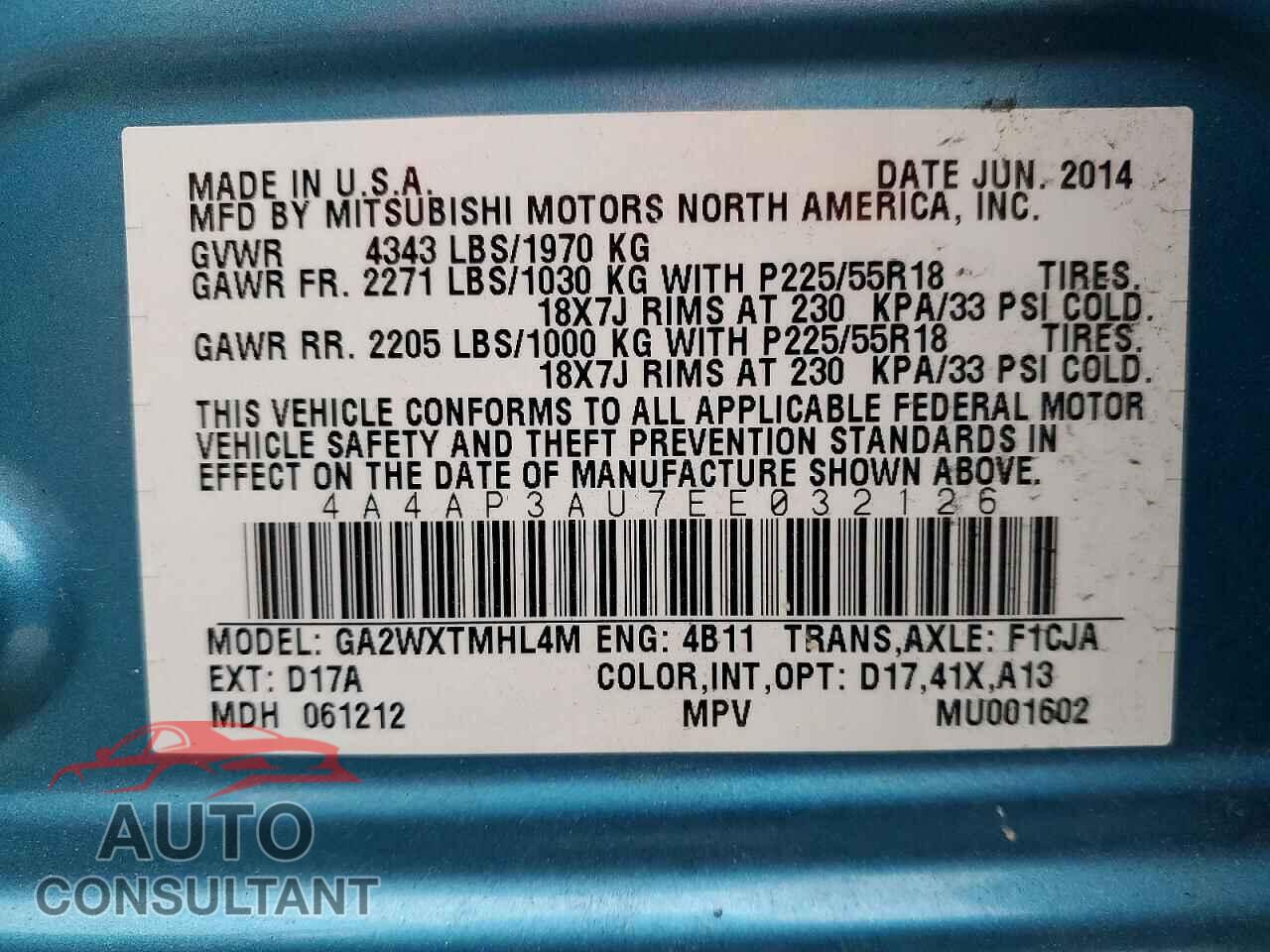MITSUBISHI OUTLANDER 2014 - 4A4AP3AU7EE032126