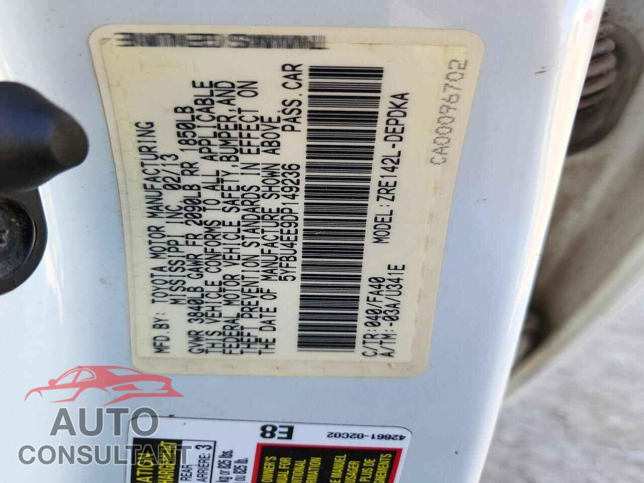 TOYOTA COROLLA 2013 - 5YFBU4EE9DP149236