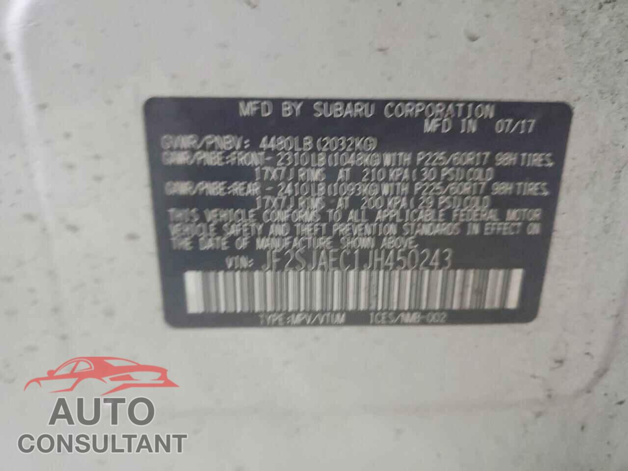 SUBARU FORESTER 2018 - JF2SJAEC1JH450243