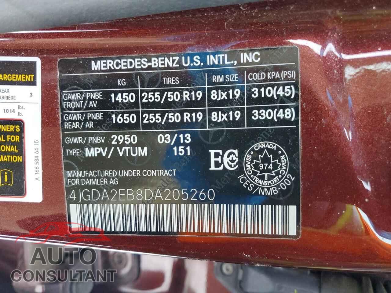 MERCEDES-BENZ M-CLASS 2013 - 4JGDA2EB8DA205260