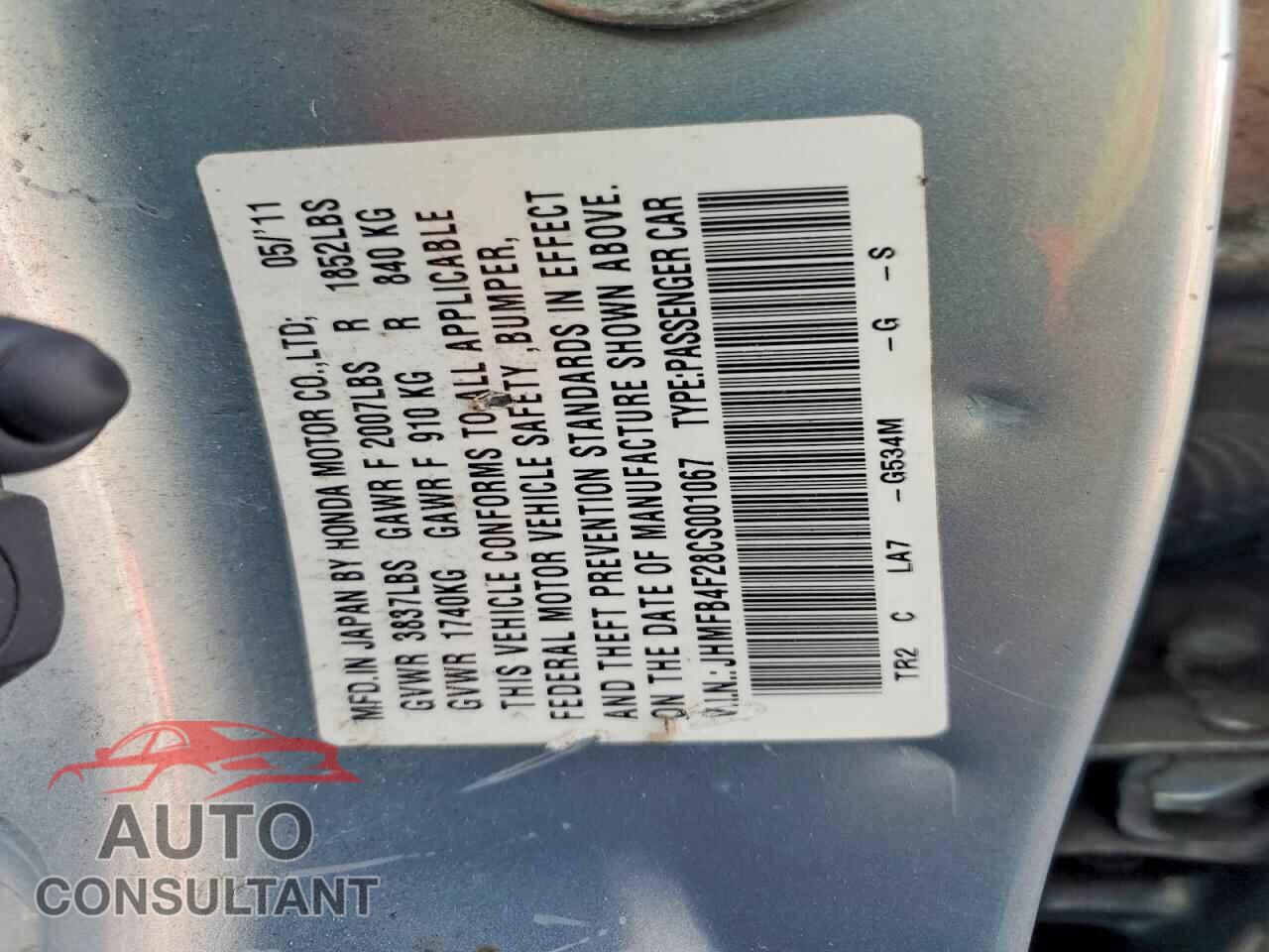 HONDA CIVIC 2012 - JHMFB4F28CS001067