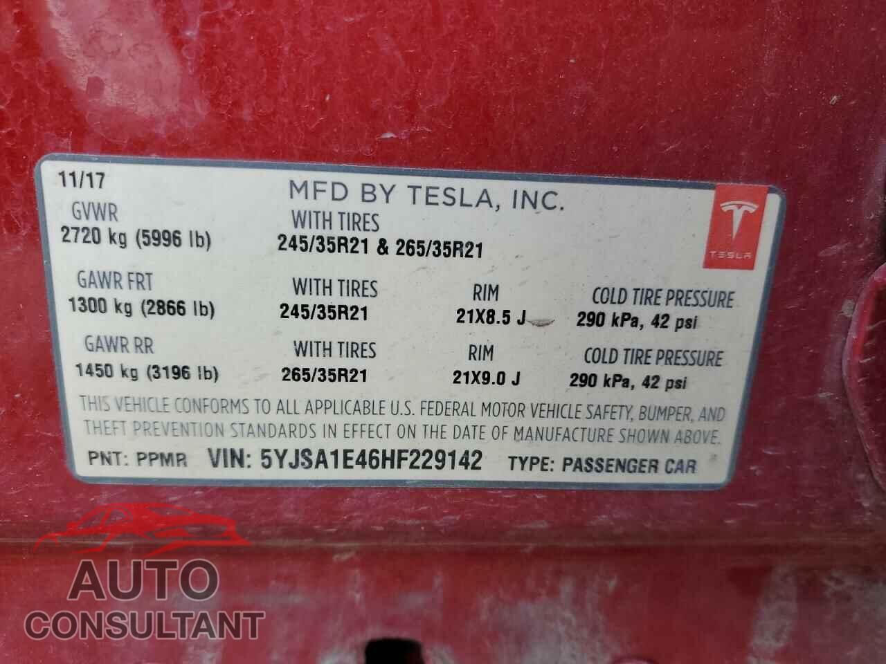 TESLA MODEL S 2017 - 5YJSA1E46HF229142