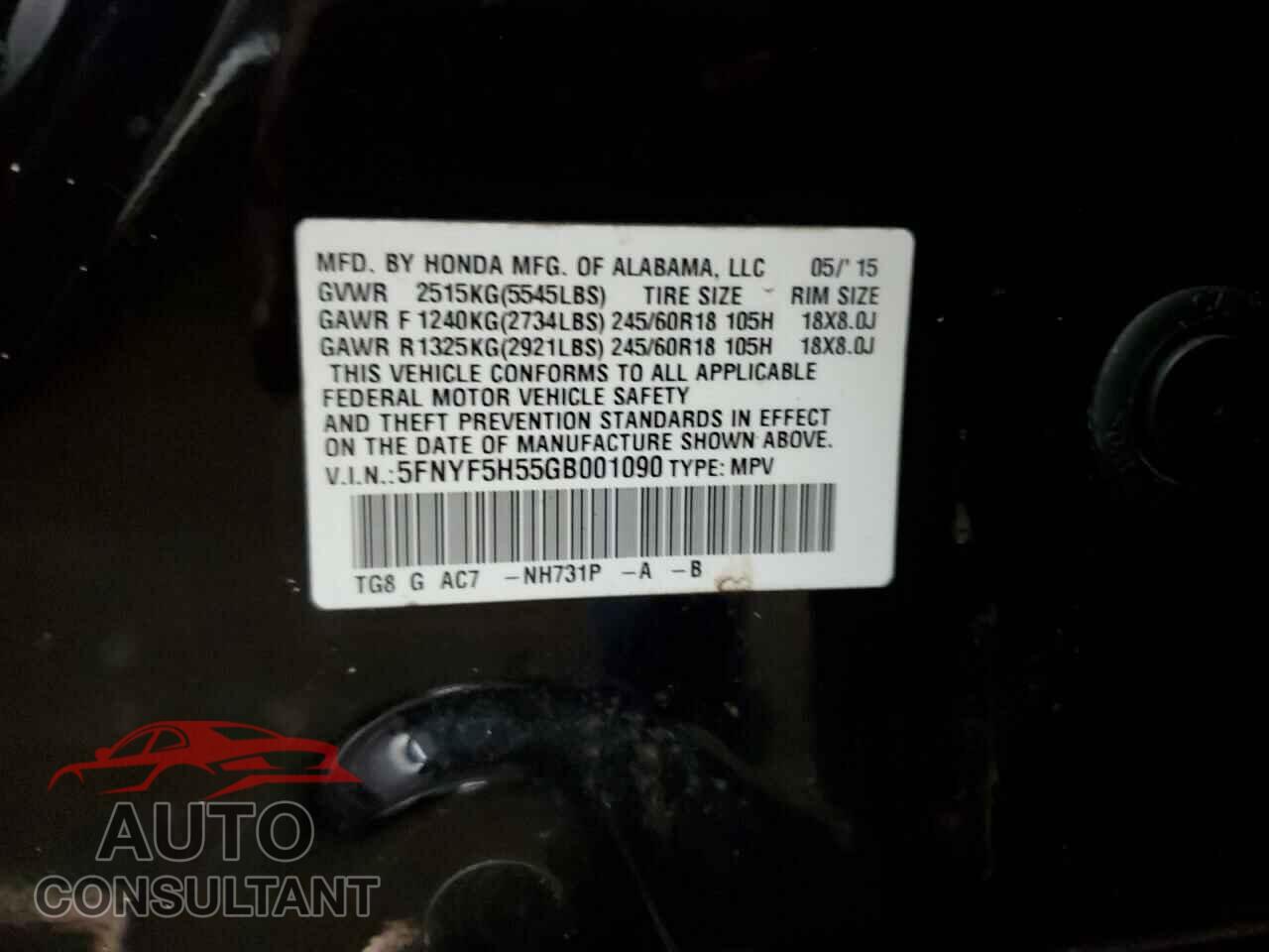 HONDA PILOT 2016 - 5FNYF5H55GB001090