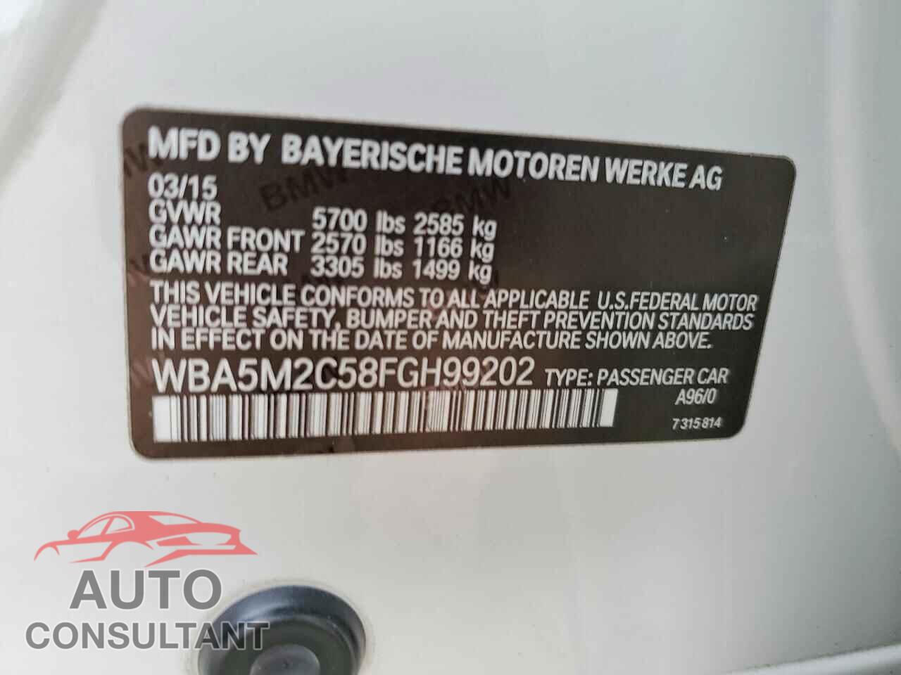 BMW 5 SERIES 2015 - WBA5M2C58FGH99202
