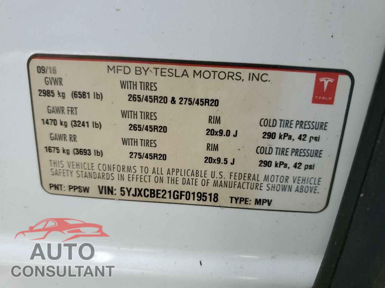 TESLA MODEL X 2016 - 5YJXCBE21GF019518