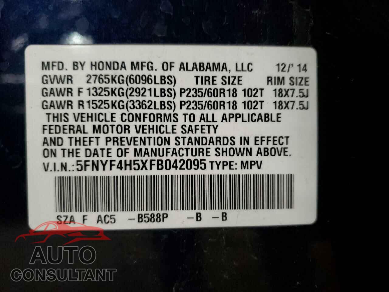HONDA PILOT 2015 - 5FNYF4H5XFB042095