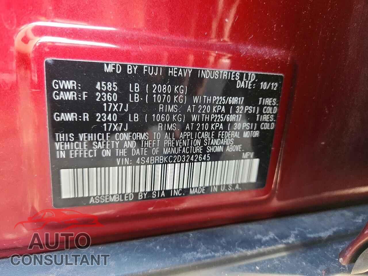 SUBARU OUTBACK 2013 - 4S4BRBKC2D3242645