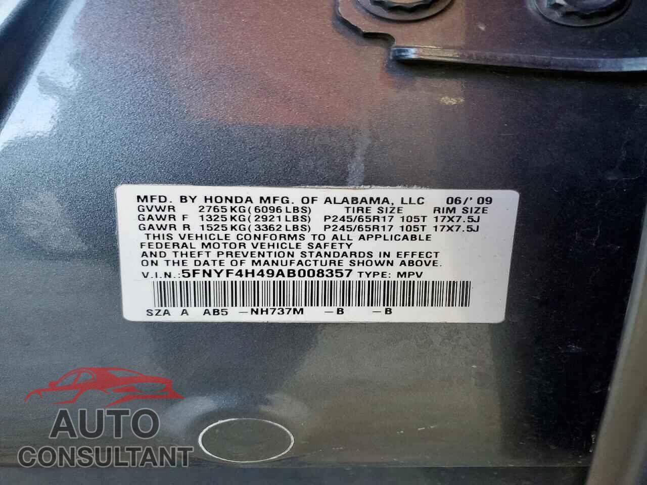 HONDA PILOT 2010 - 5FNYF4H49AB008357