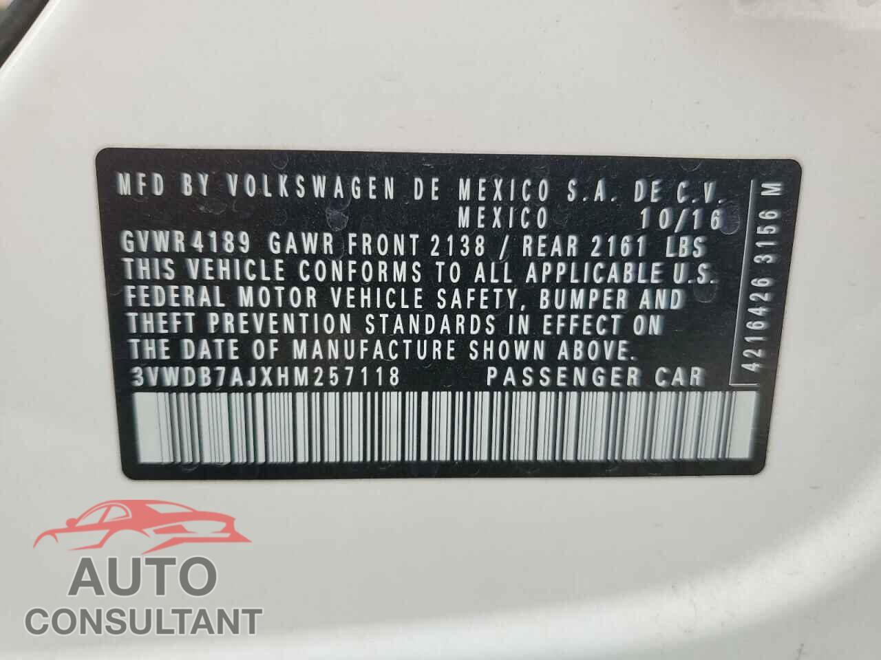 VOLKSWAGEN JETTA 2017 - 3VWDB7AJXHM257118