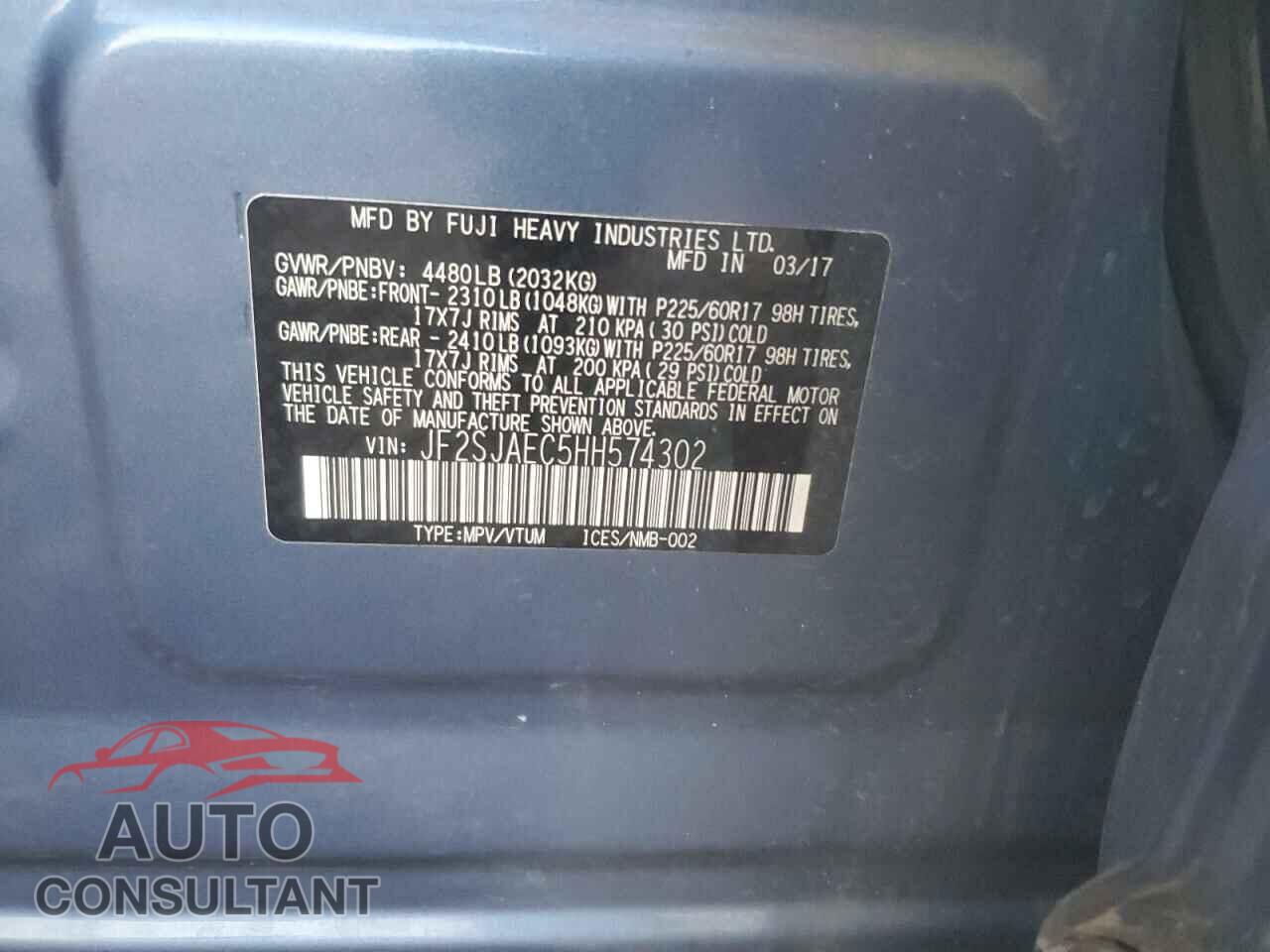 SUBARU FORESTER 2017 - JF2SJAEC5HH574302