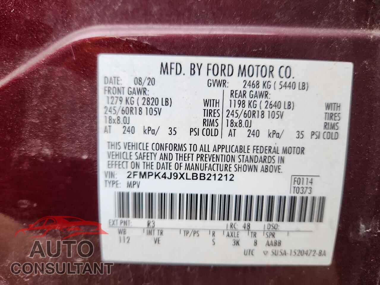 FORD EDGE 2020 - 2FMPK4J9XLBB21212