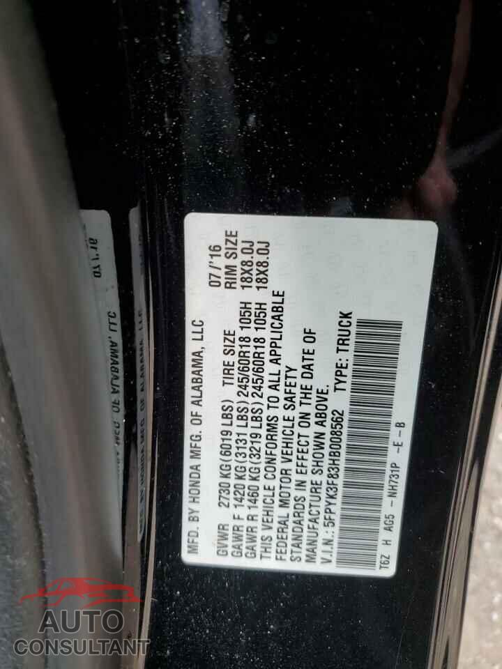 HONDA RIDGELINE 2017 - 5FPYK3F83HB008562
