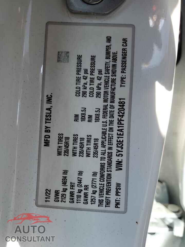 TESLA MODEL 3 2023 - 5YJ3E1EA1PF420481