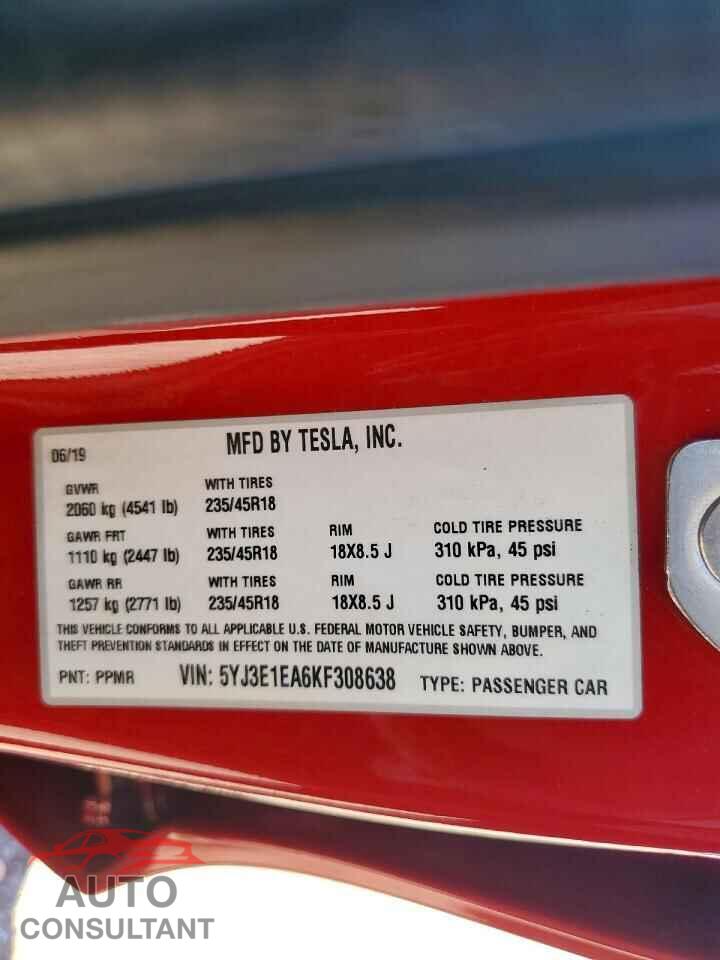 TESLA MODEL 3 2019 - 5YJ3E1EA6KF308638