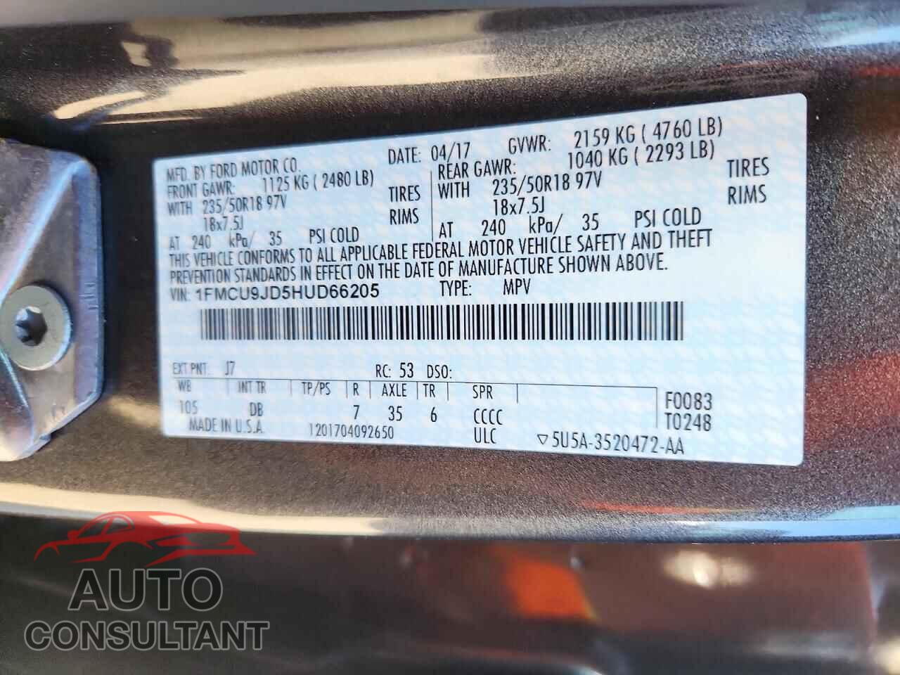 FORD ESCAPE 2017 - 1FMCU9JD5HUD66205