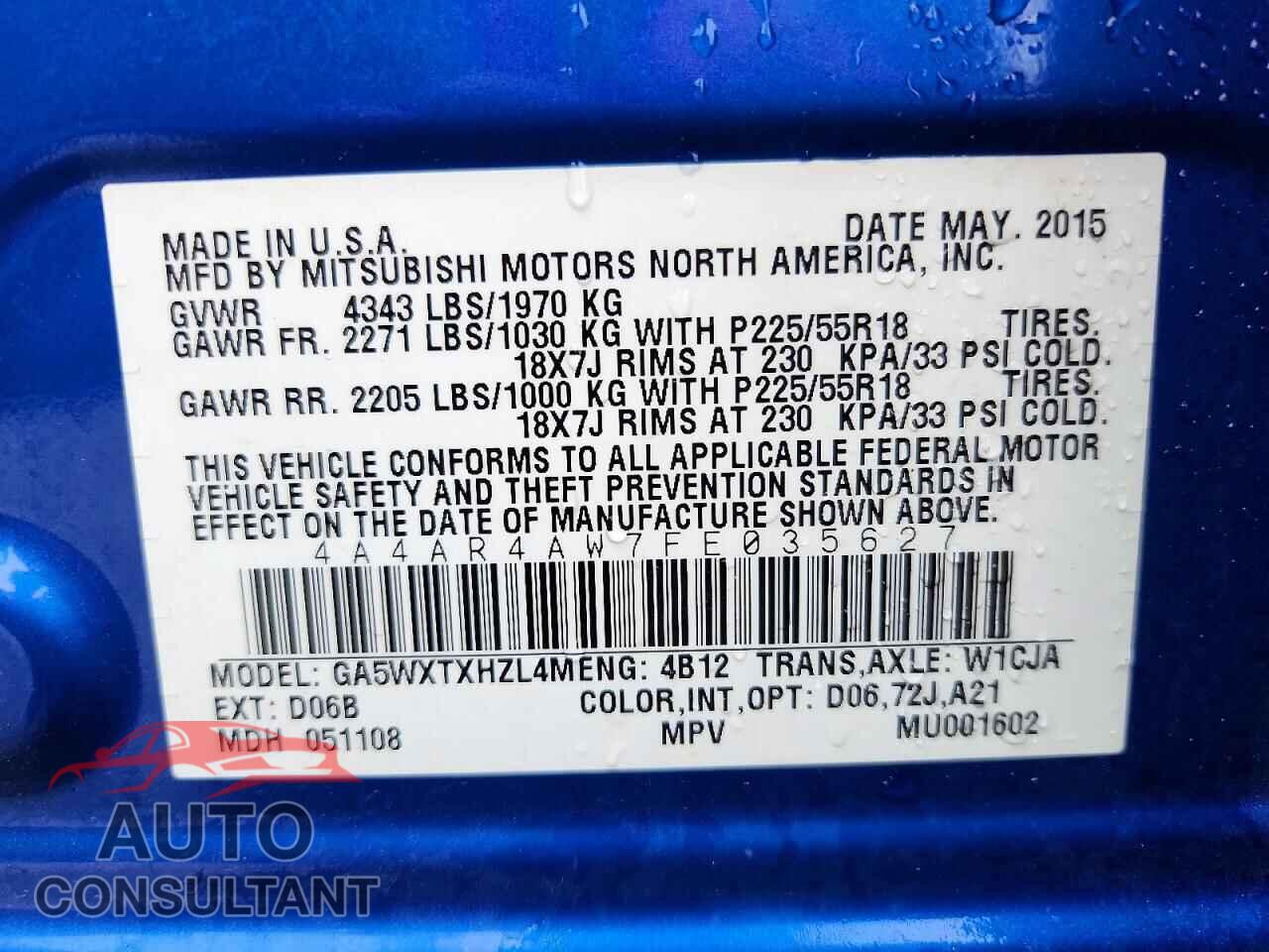 MITSUBISHI OUTLANDER 2015 - 4A4AR4AW7FE035627