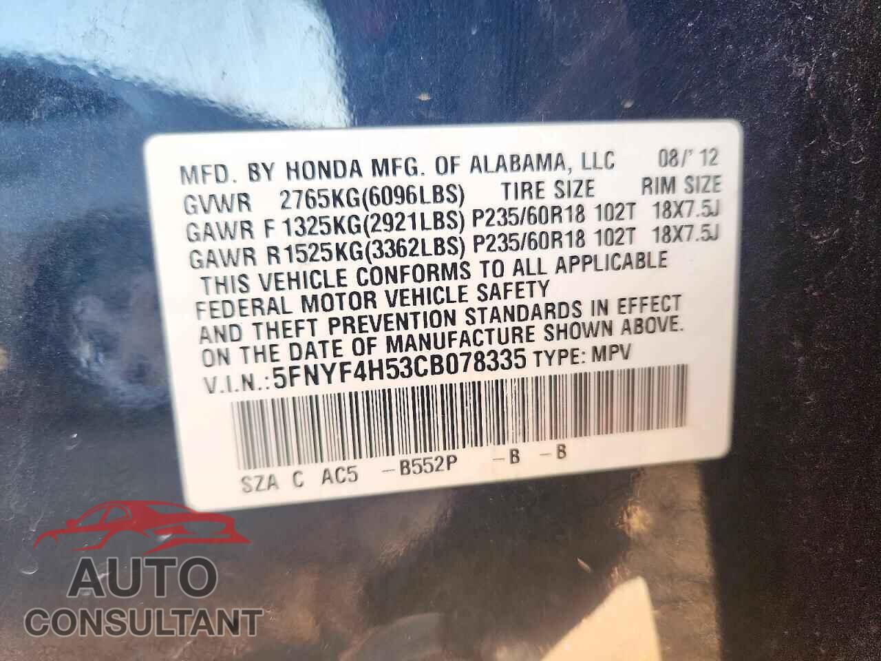HONDA PILOT 2012 - 5FNYF4H53CB078335