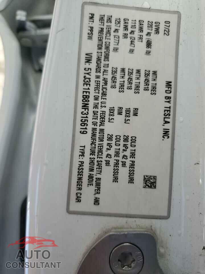 TESLA MODEL 3 2022 - 5YJ3E1EB8NF315619