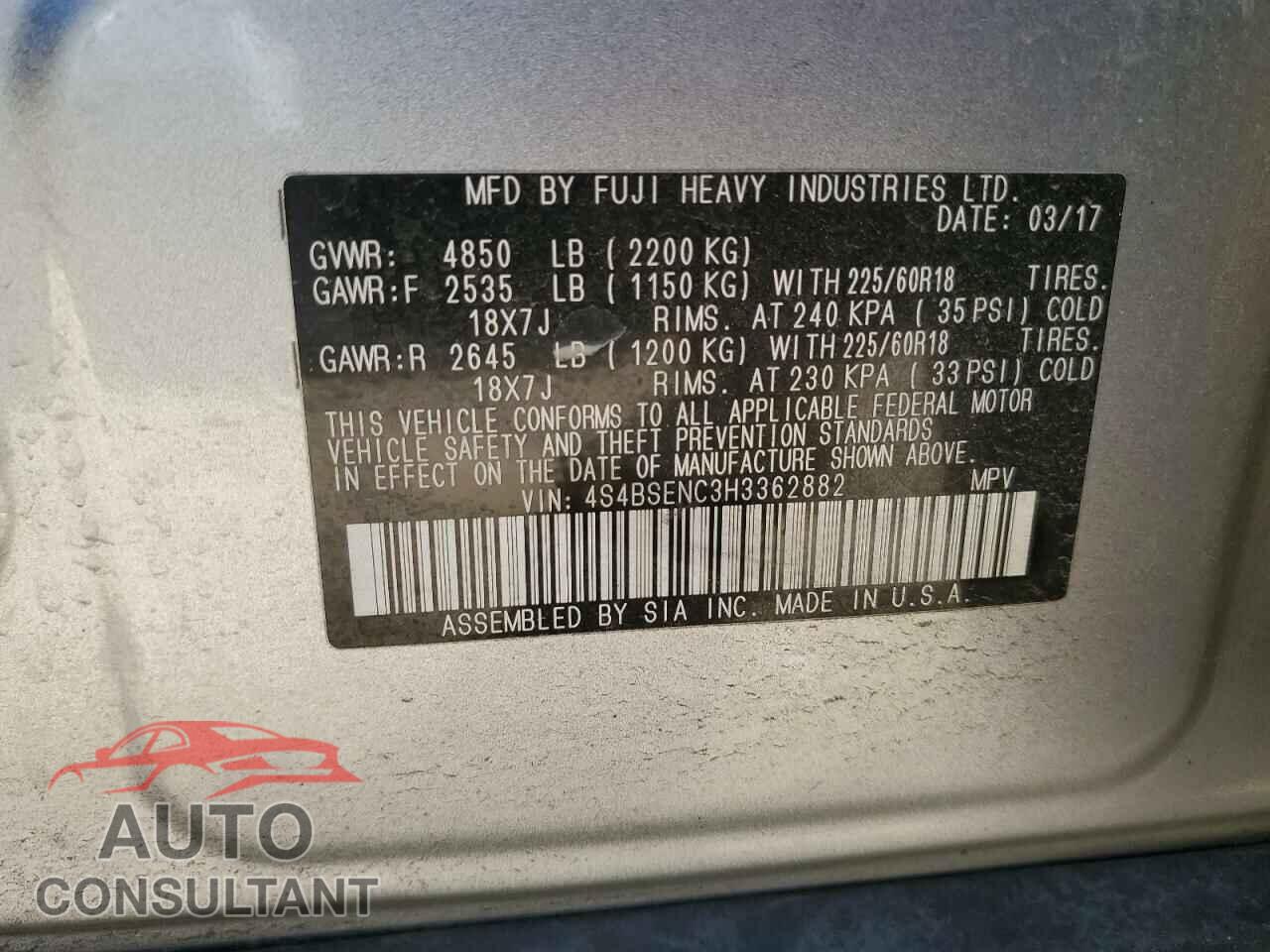 SUBARU OUTBACK 2017 - 4S4BSENC3H3362882