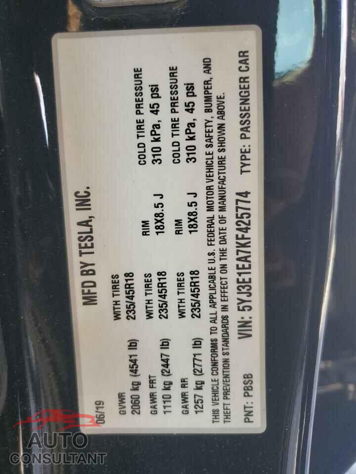 TESLA MODEL 3 2019 - 5YJ3E1EA7KF425774