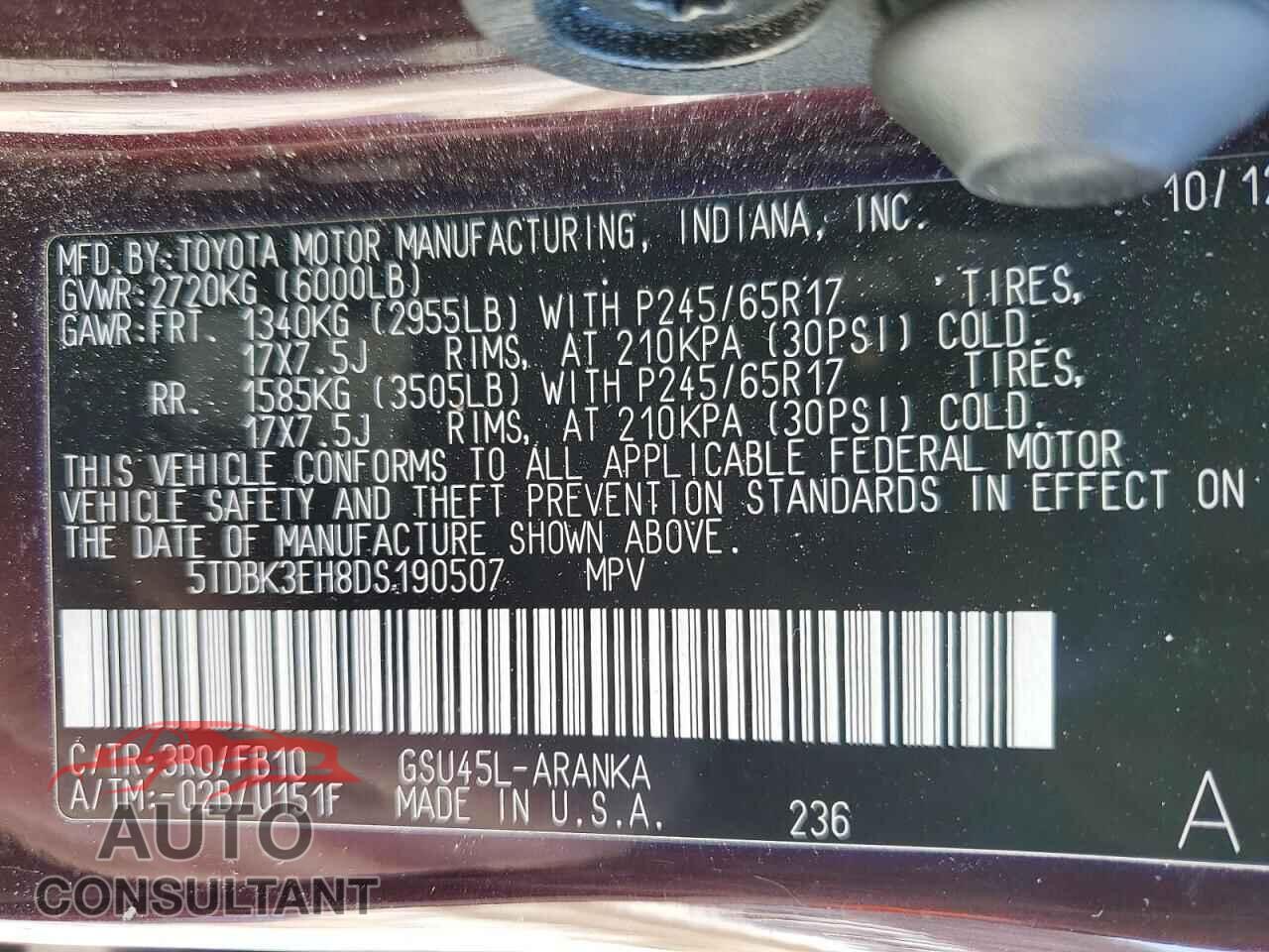 TOYOTA HIGHLANDER 2013 - 5TDBK3EH8DS190507