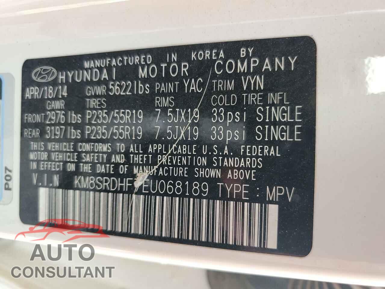 HYUNDAI SANTA FE 2014 - KM8SRDHF7EU068189