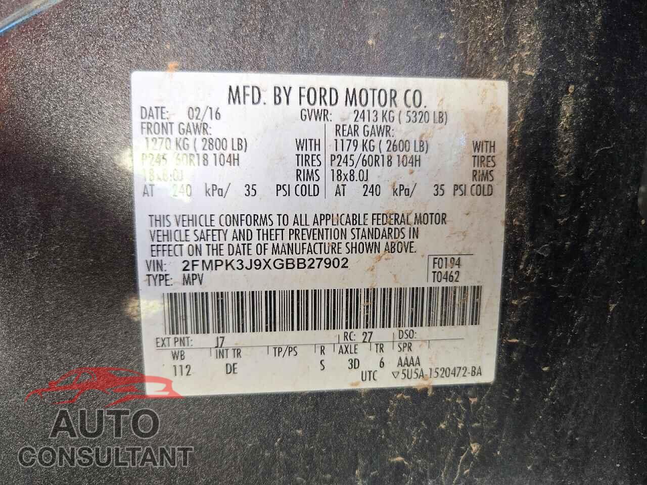 FORD EDGE 2016 - 2FMPK3J9XGBB27902