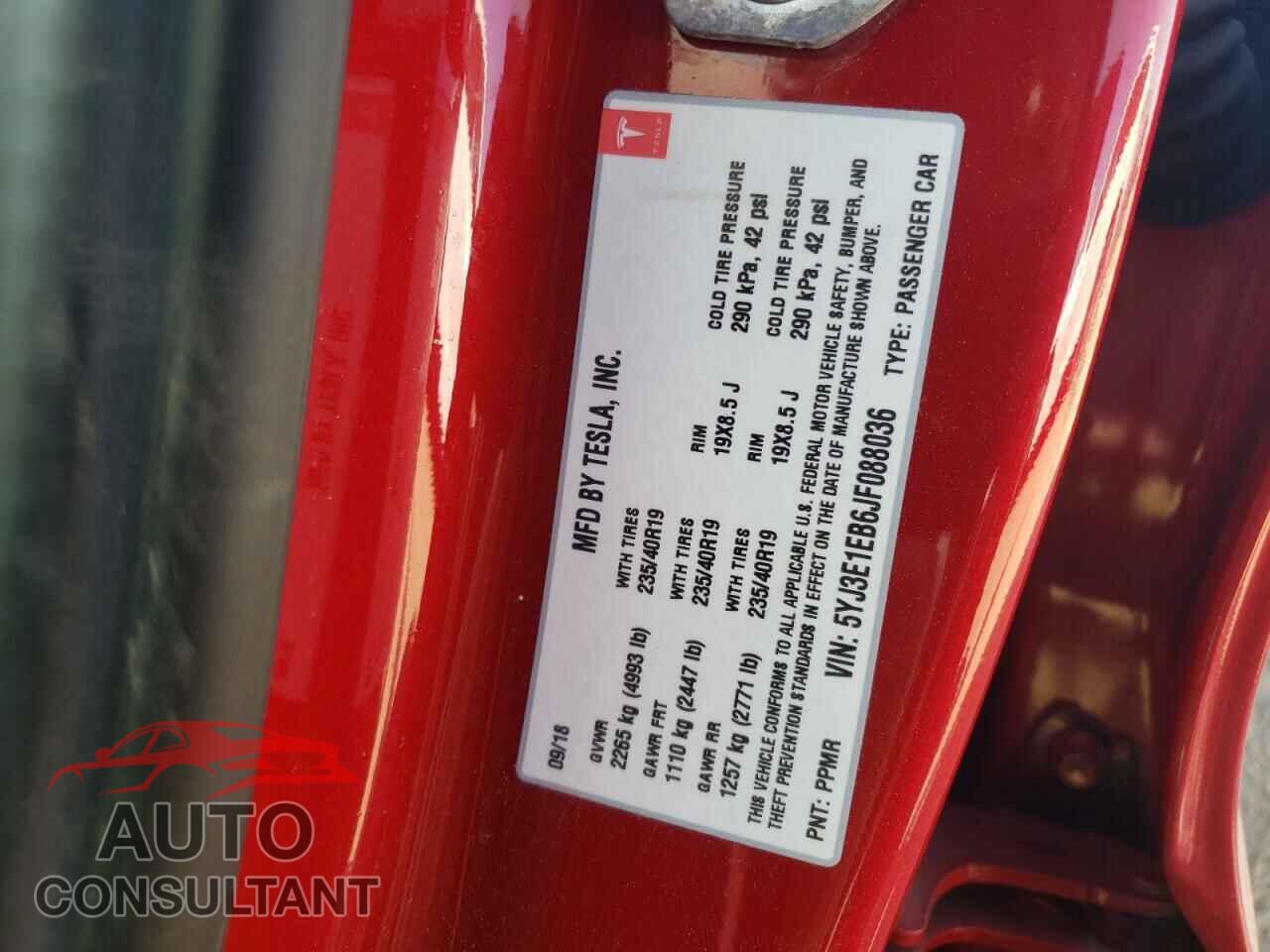 TESLA MODEL 3 2018 - 5YJ3E1EB6JF088036