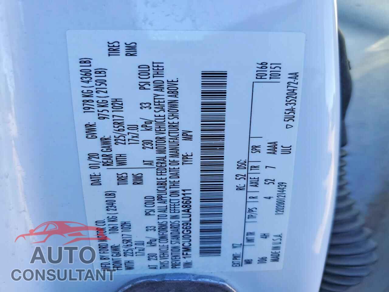 FORD ESCAPE 2020 - 1FMCU0G69LUA86011