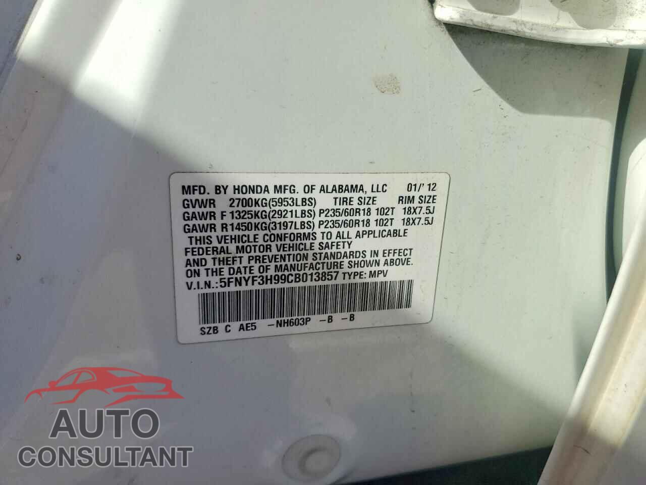 HONDA PILOT 2012 - 5FNYF3H99CB013857