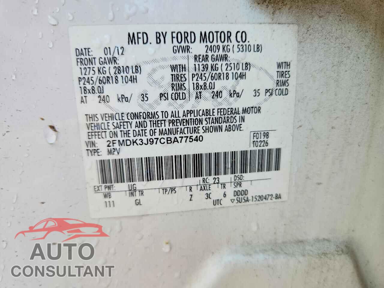 FORD EDGE 2012 - 2FMDK3J97CBA77540
